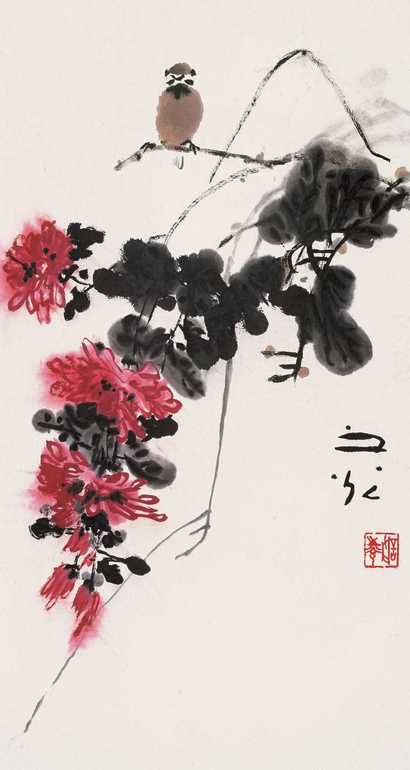 谢之光 菊花小鸟 立轴